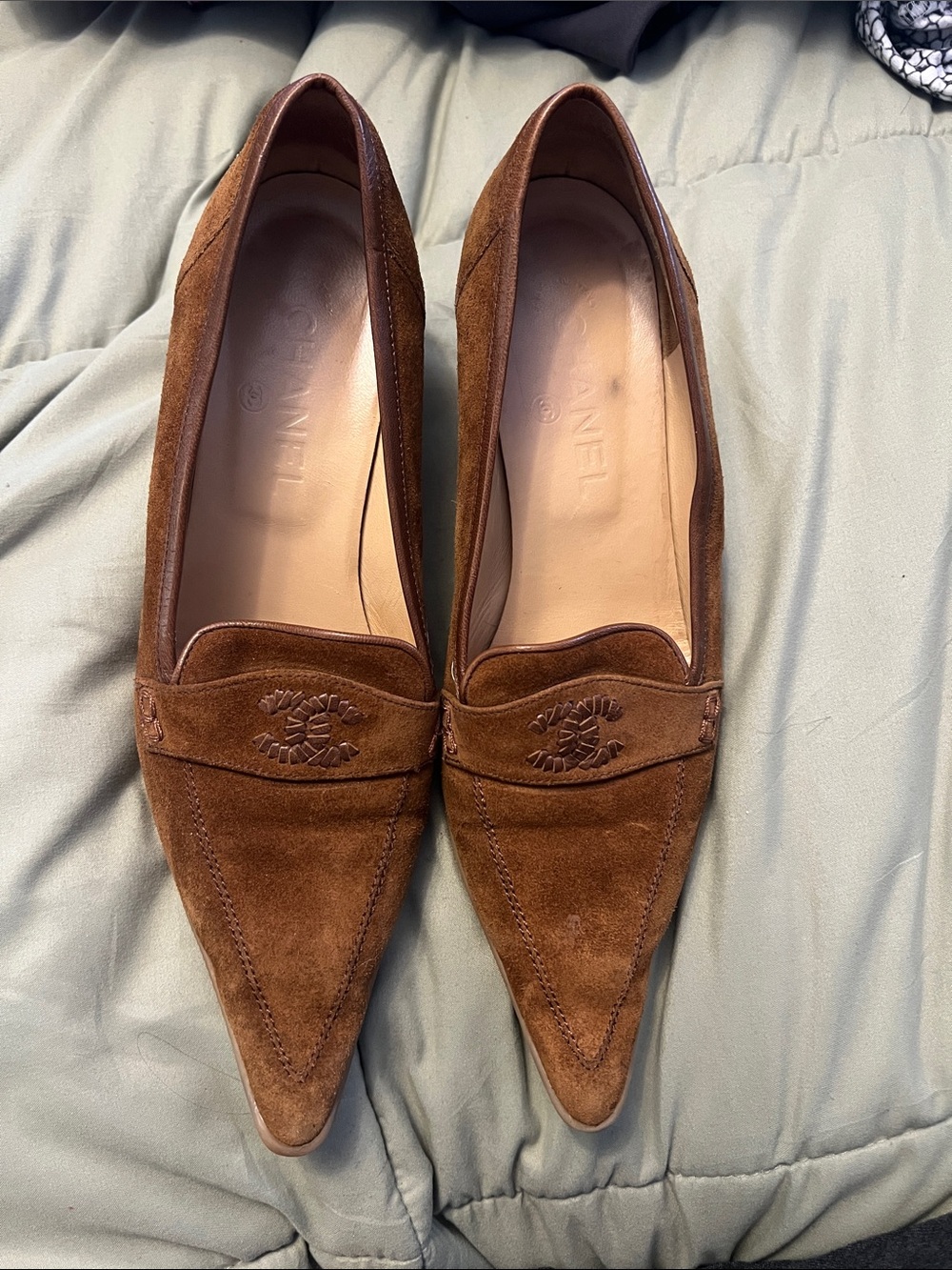 Vintage CHANEL Brown Suede Pointed-Toe Loafers with Embossed Logo